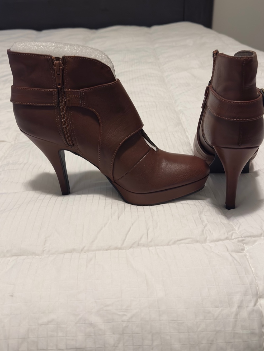 Unlisted Brown Leather-Look High Heel Ankle Booties